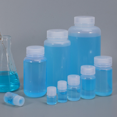 Botella transparente/translúcida/marrón de boca ancha de plástico HDPE/PP resistente a sustancias químicas para laboratorio