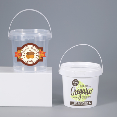 Pedido personalizado PP Balde personalizar logotipo blanco transparente redondo caja de comida para llevar bañera con tapa antirrobo