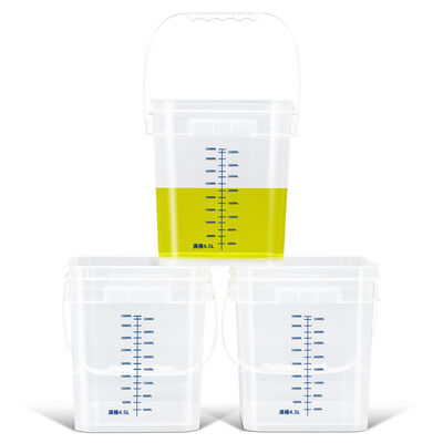 Venta al por mayor de cubos graduados transparentes de PP de 4L, 10L y 16L, cubos cuadrados de plástico engrosados y ecológicos vacíos con línea de escala para líquidos químicos