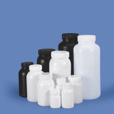 Botella de plástico redonda de boca ancha de HDPE de 50 ml a 2 L para gránulos en polvo, reactivos químicos y disolventes orgánicos, logotipo personalizado