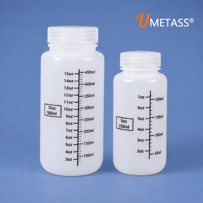 Botella de muestra de boca ancha de HDPE duradera 8 oz 16 oz Botellas con tapa de PP de sellado apretado para almacenamiento de productos químicos de laboratorio